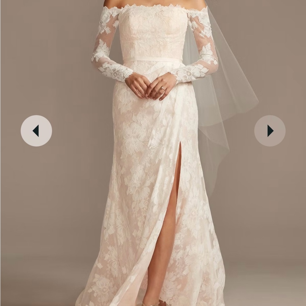David's Bridal Cream Off-the-Shoulder Gown with Bishop Sleeves